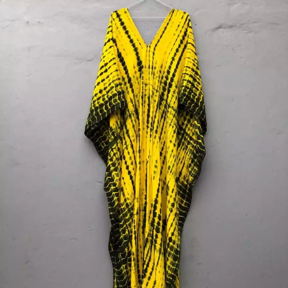 SOLD OUT Yellow & Black Bohemian Tie Dye Kaftan Kimono Dress - Picture 3 of 9